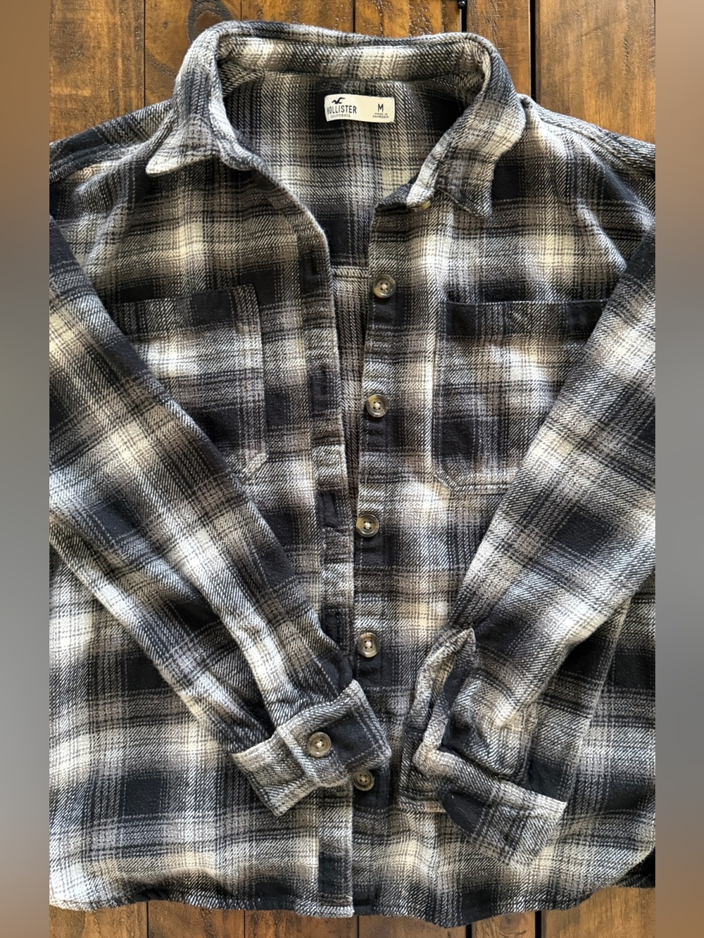 Hollister Black and Gray Plaid Button-Down Shirt